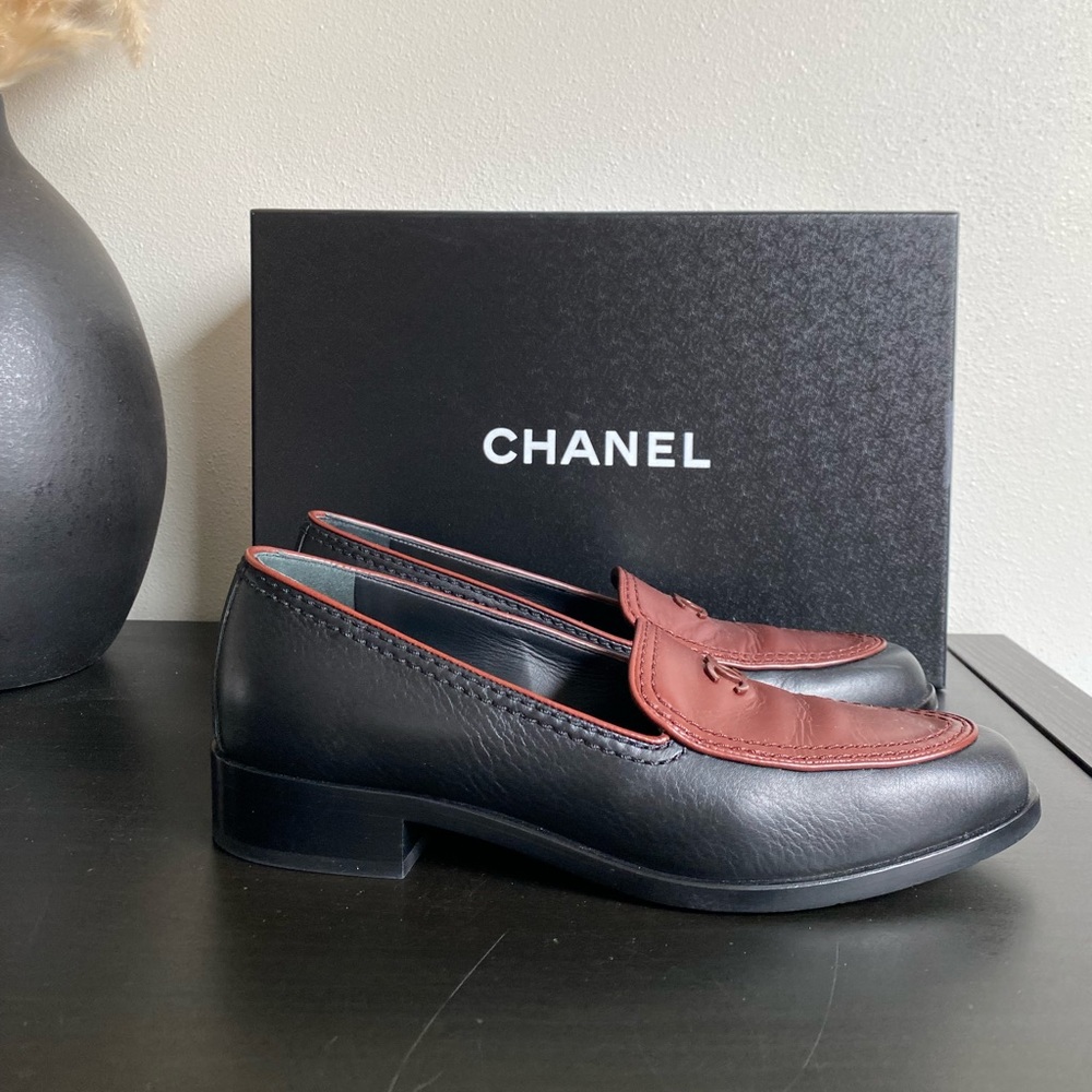 Chanel 20K Black Brown Calf Leather CC Logo Mule Slip On Flat Penny Loafer 36